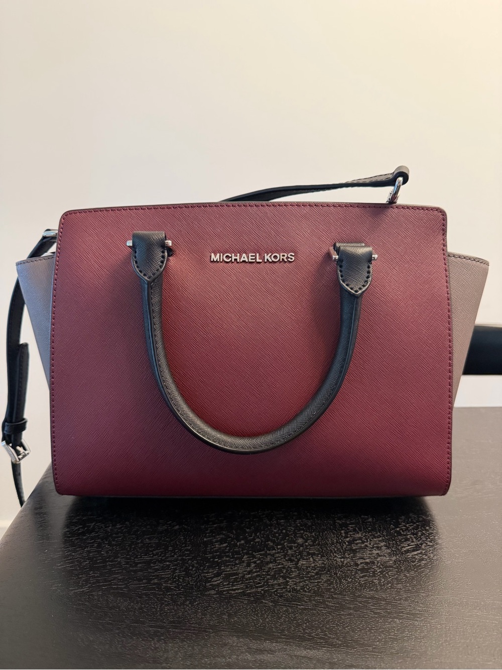 Michael Kors Wine, Gray and Black Satchel